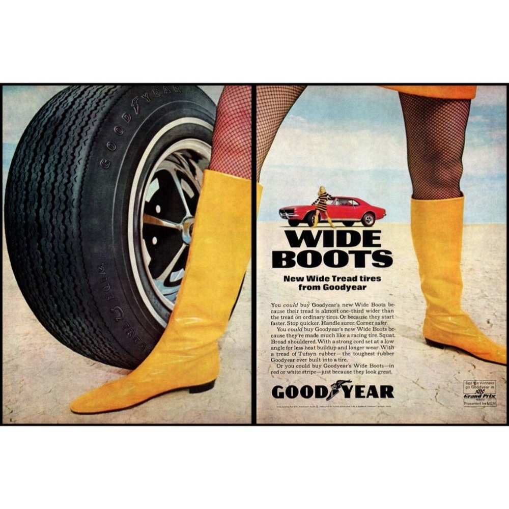 1967 Goodyear Tires Wide Boots 2 Page Vintage Print Ad Yellow Go Go Fishnet Art